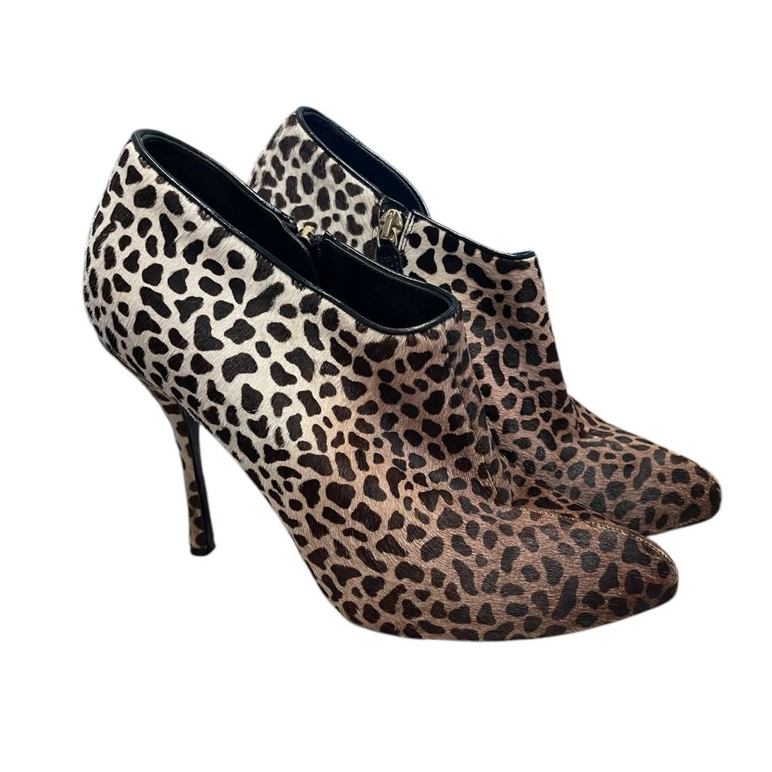 Gucci Paloma Leopard Print Pony Hair Heeled Bootie Gg Logo Size 37.5 / Us 7.5